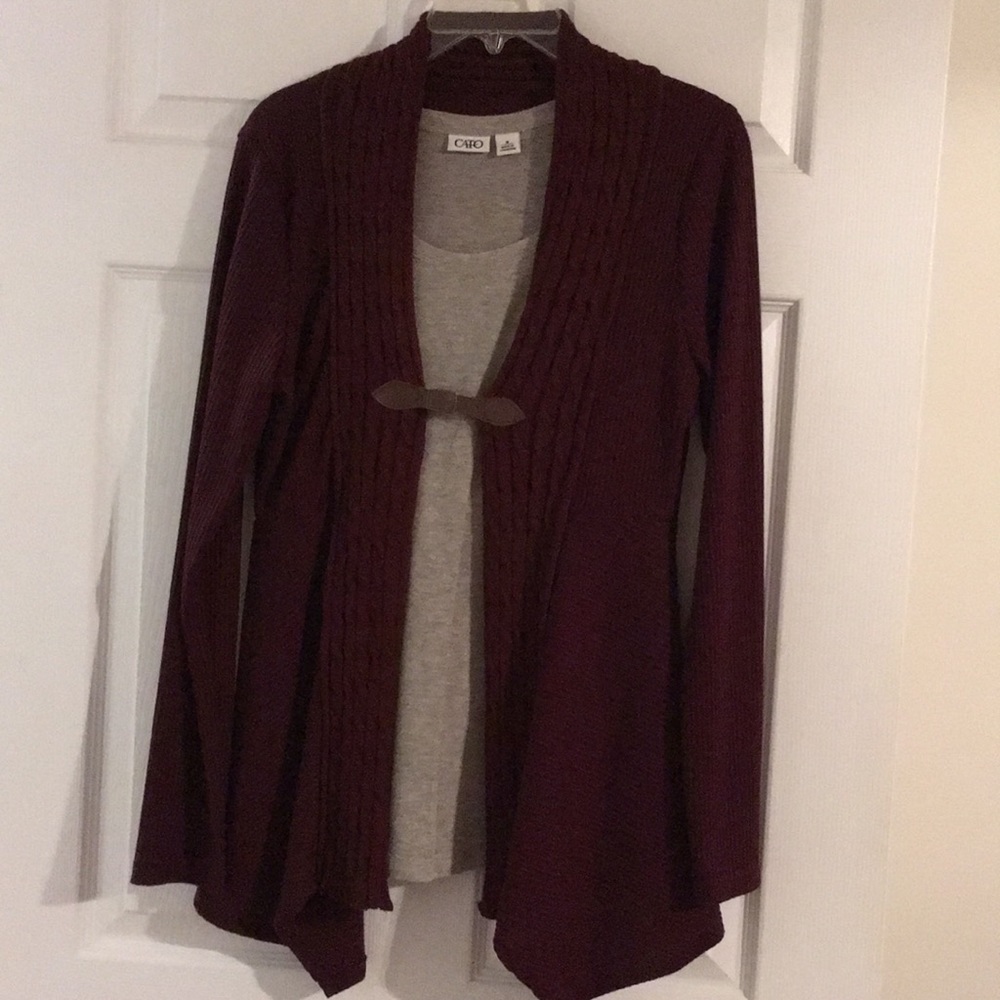 Plum colored sweater with sparkly grey tee